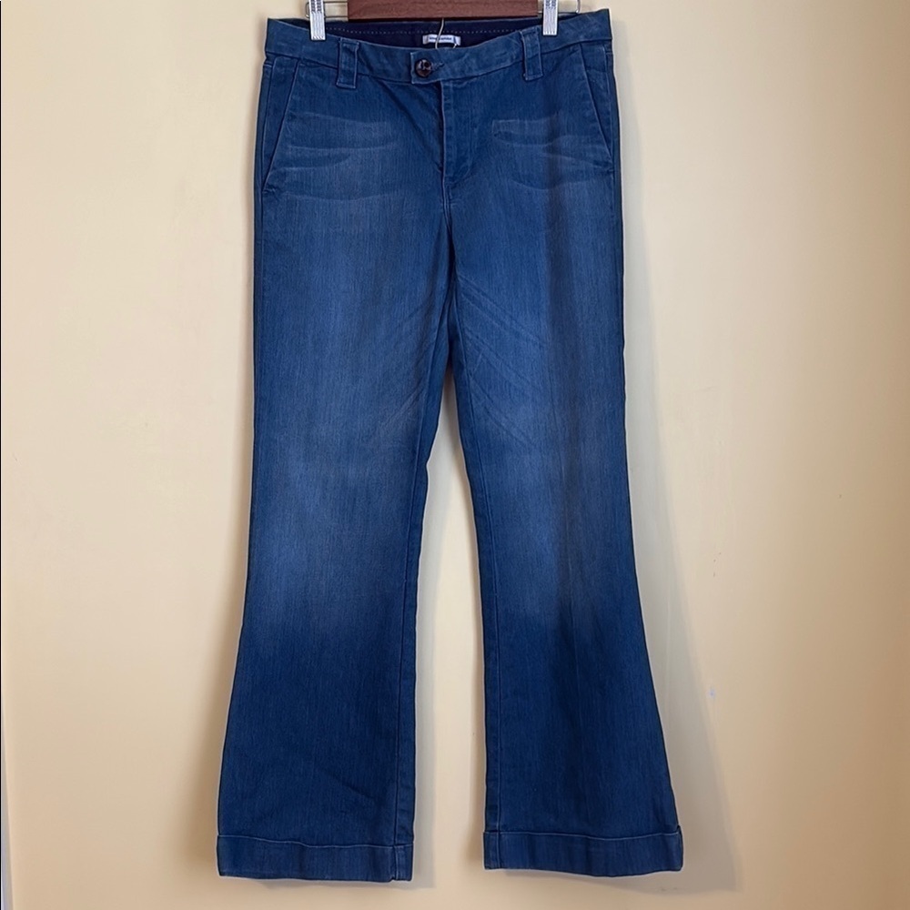 Banana Republic Bootcut Flare Cuff Flap Back Pocket Whisped Blue Denim Jeans 12 - Picture 11 of 15